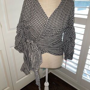 FAVLUX Gingham Wrap Blouse in Black and White-M
